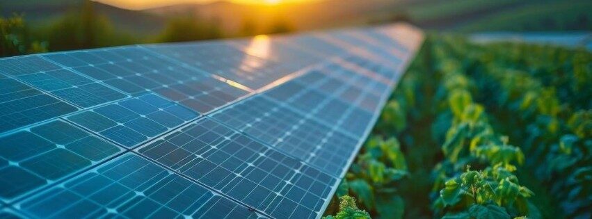 Pannelli fotovoltaici installati su un terreno agricolo per la produzione di energia rinnovabile attraverso un impianto agrivoltaico.