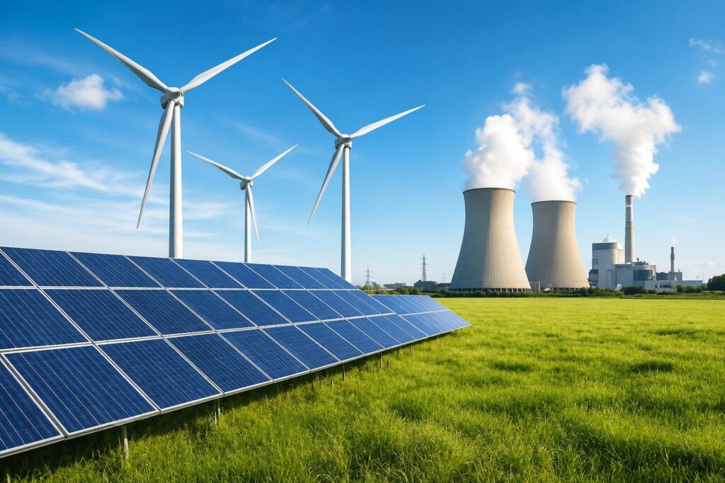Impianto fotovoltaico, turbine eoliche e centrale di produzione energetica che rappresentano il mix energetico e il legame tra prezzo del gas e prezzo dell'energia.