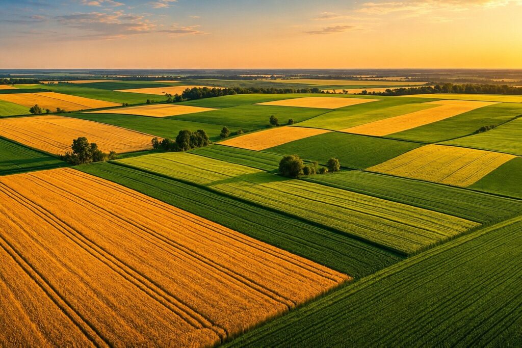 Vista aerea di terreni agricoli idonei allo sviluppo di impianti fotovoltaici tramite diritto di superficie.